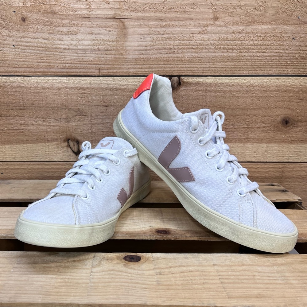 Veja White Sneakers with Pink Accent and Coral Heel - Picture 12 of 15